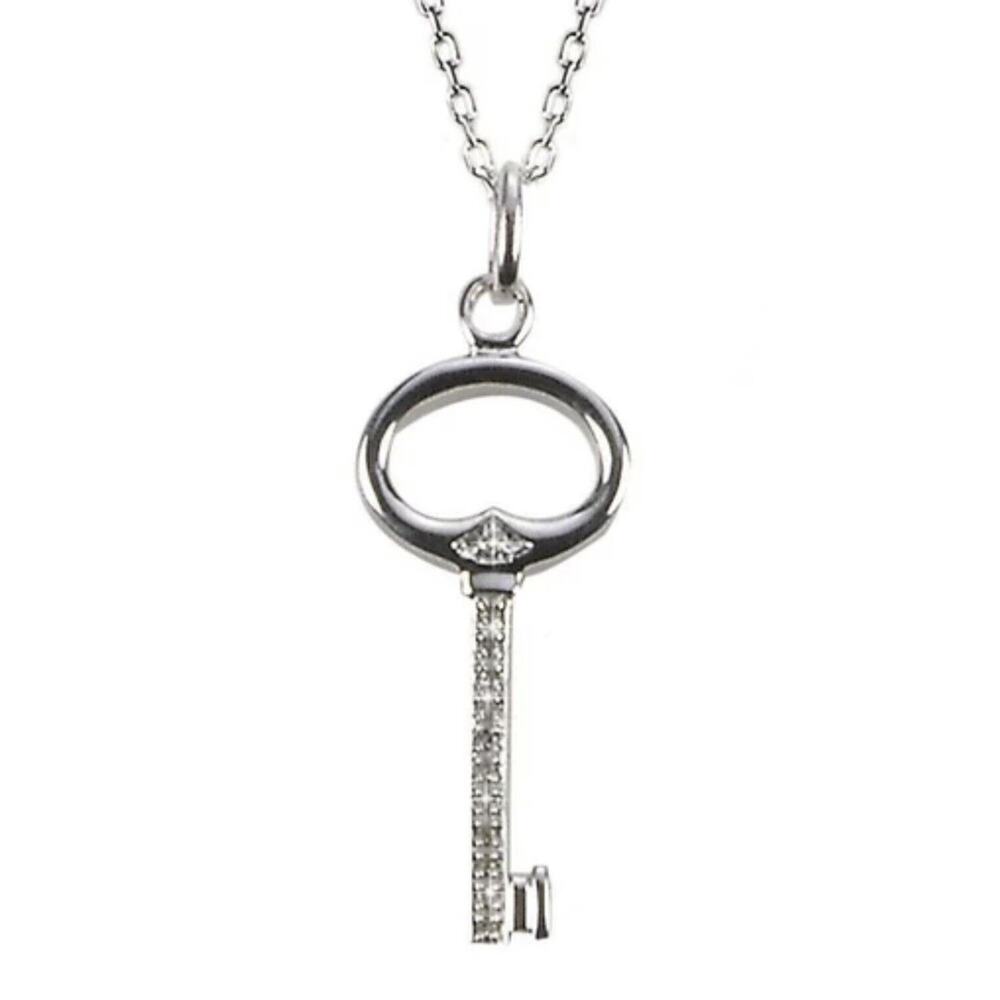 Sterling Silver 925 Designer SIGNED Diamond Chip Key Shaped Pendant Necklace